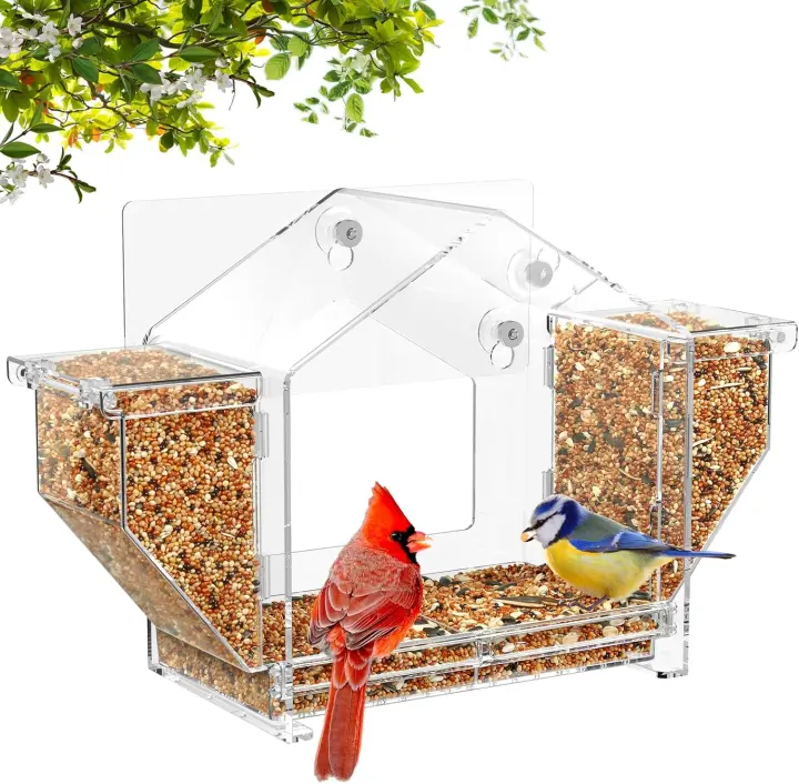 Window Bird Feeder with Dual Side Hoppers and Heavy-Duty Mounts