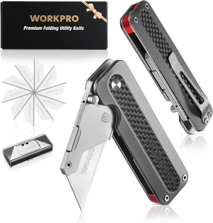 WORKPRO CNC Unibody Folding Utility Knife — Aluminum Handle w/ Carbon Fiber