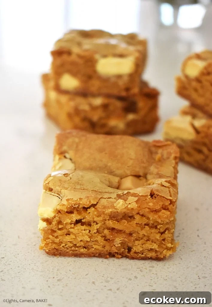 Vertical view of slice of Caramilk brownies on a white bench.