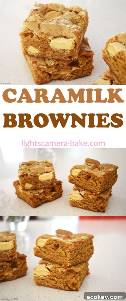 Long pinterest image with three images of Caramilk Brownies with a title.