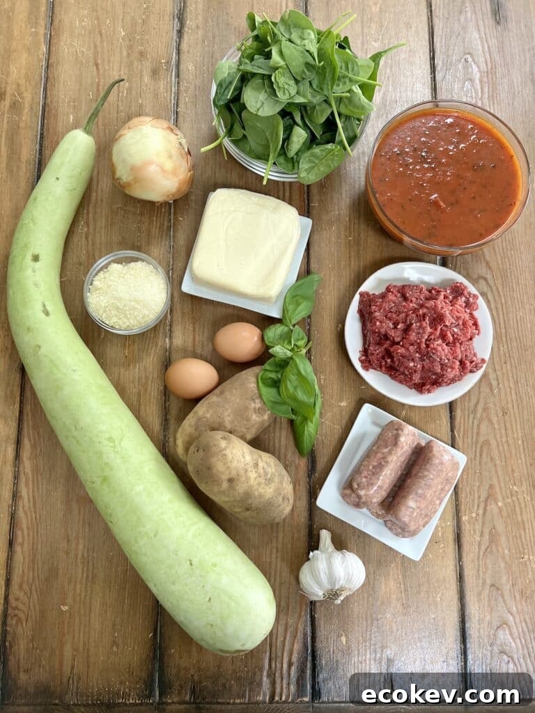 All ingredients for stuffed cucuzza squash recipe.