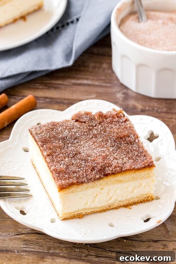 Sopapilla cheesecake recipe - cheesecake between 2 layers of crescent rolls & topped with cinnamon sugar.
