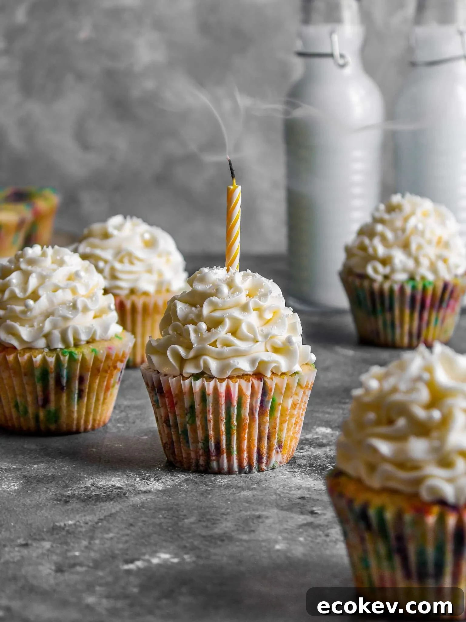 frosted funfetti cupcakes with candle in one cupcake blown out (1)