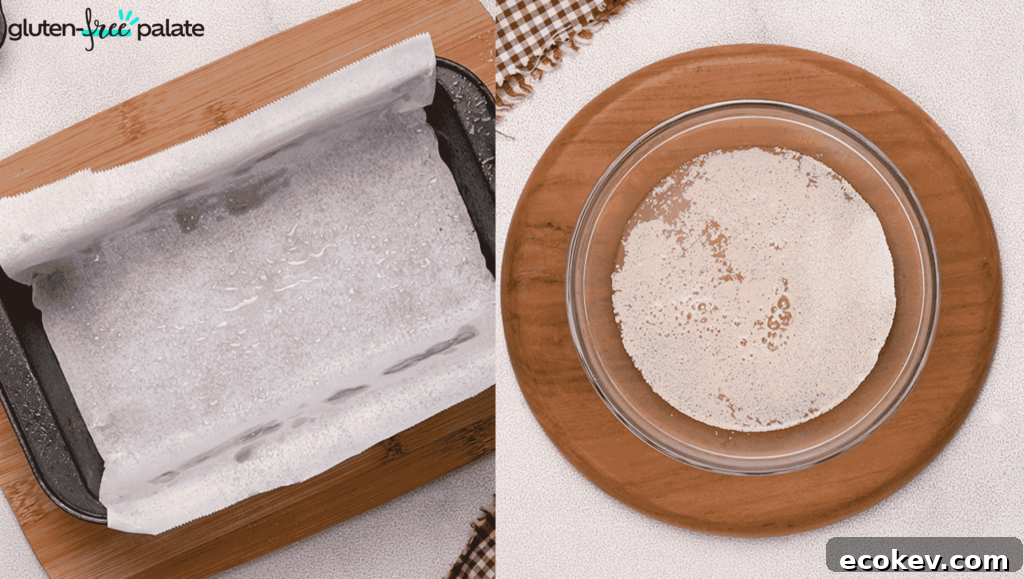 Gluten-free bread recipe steps 1 and 2: prepare the loaf pan, then proof the yeast in warm water.