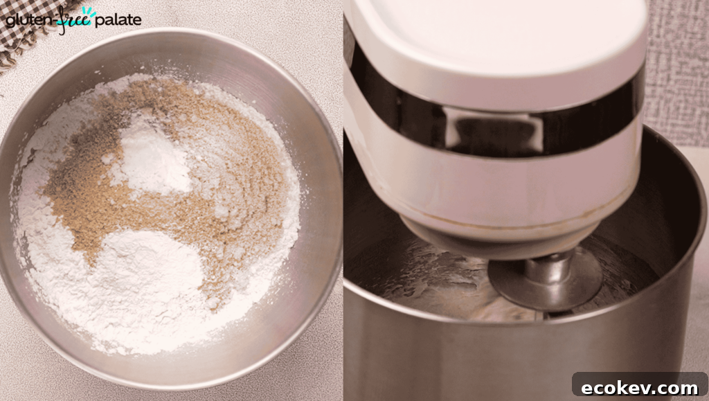 Gluten-free bread recipe steps 3 and 4: combine dry ingredients in a mixing bowl, then mix with the stand mixer.