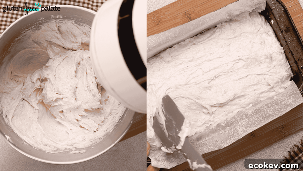 Gluten-free bread recipe steps 5 and 6: mix the ingredients, then transfer the dough to a prepared loaf pan.