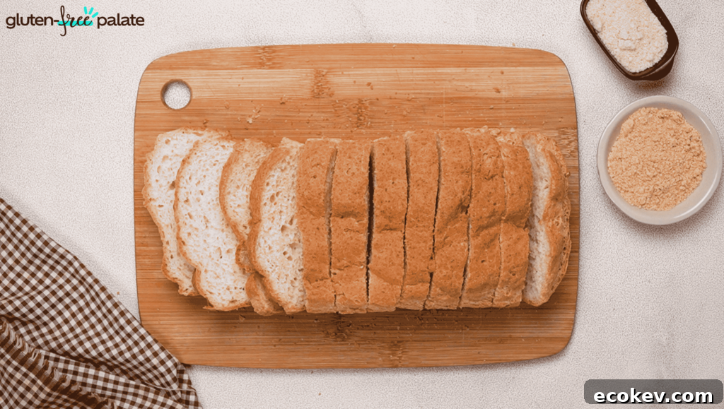 A sliced loaf of homemade gluten-free bread on a cutting board.