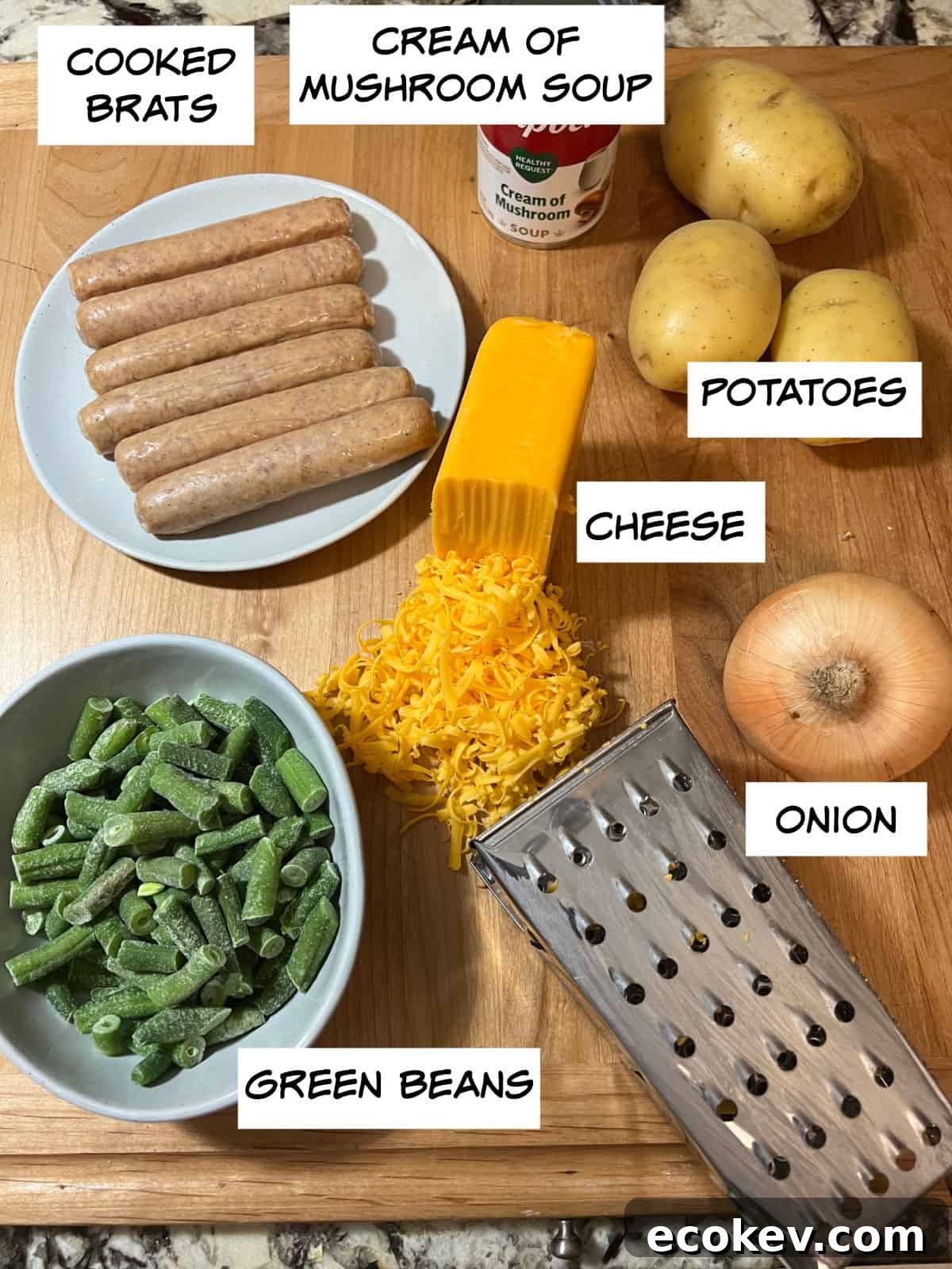 ingredients: cooked brats, cream of mushroom soup, potatoes, cheese, onion, green beans.