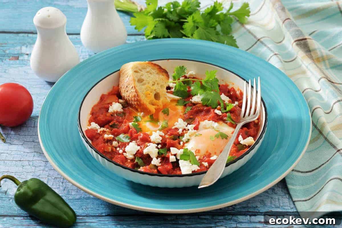 A bowl of shakshuka with poached eggs in tomato sauce, topped with feta and cilantro, served with a slice of toasted bread and a fork on a blue plate.