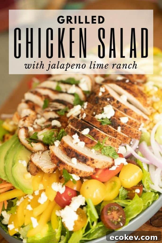 grilled chicken salad on a large serving dish with avocado, tomato, peppers, onions, and lettuce.