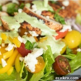 Close up image of grilled chicken salad drizzled with jalapeno lime ranch.