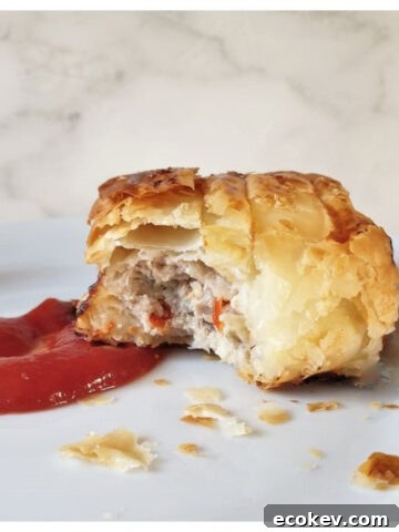 A pork and apple sausage roll on a plate with tomato ketchup.
