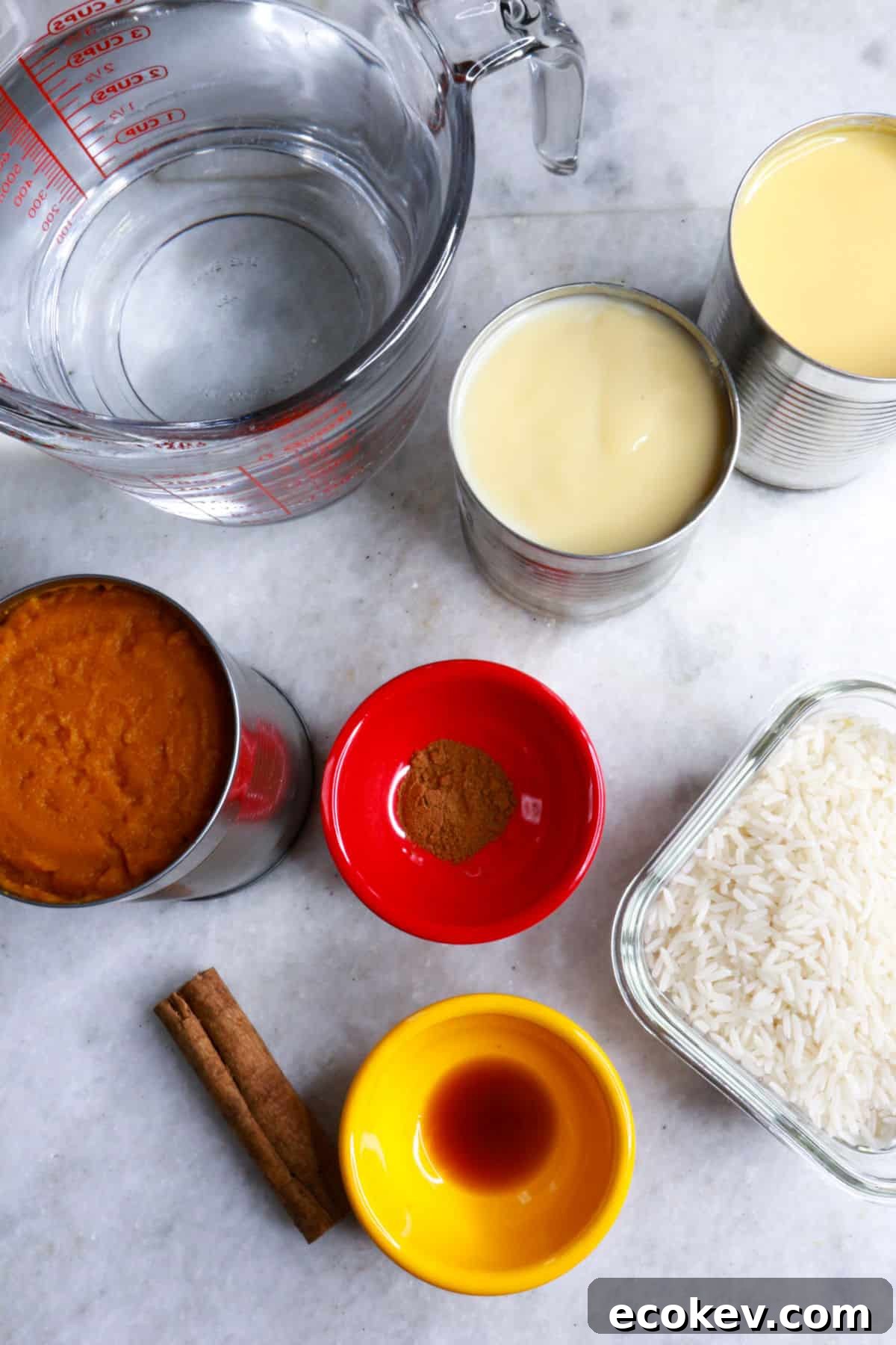 Water, cans of evaporated milk and sweetened condensed milk, a can of pumpkin puree, pumpkin spice in a small bowl and another with vanilla, a bowl with raw rice and a cinnamon stick