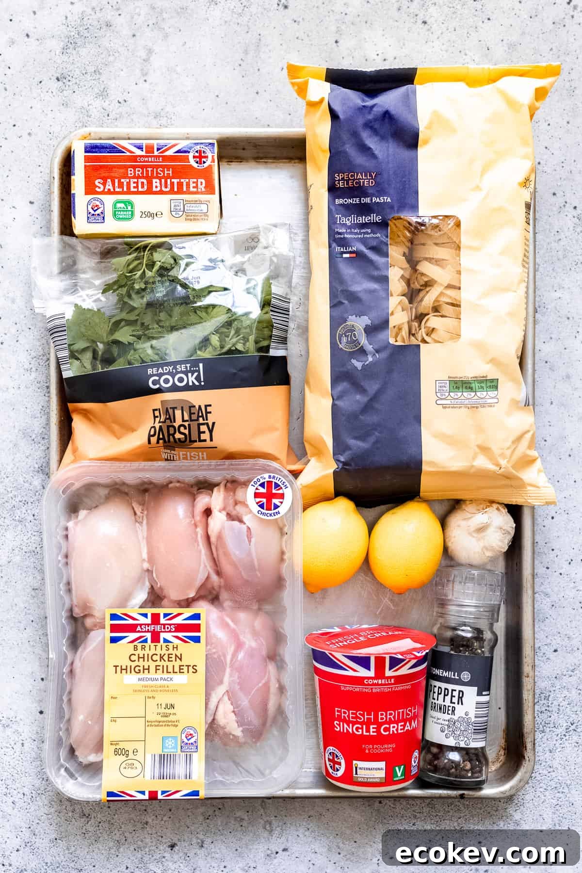 Aldi ingredients for making lemon cream sauce with chicken and pasta.