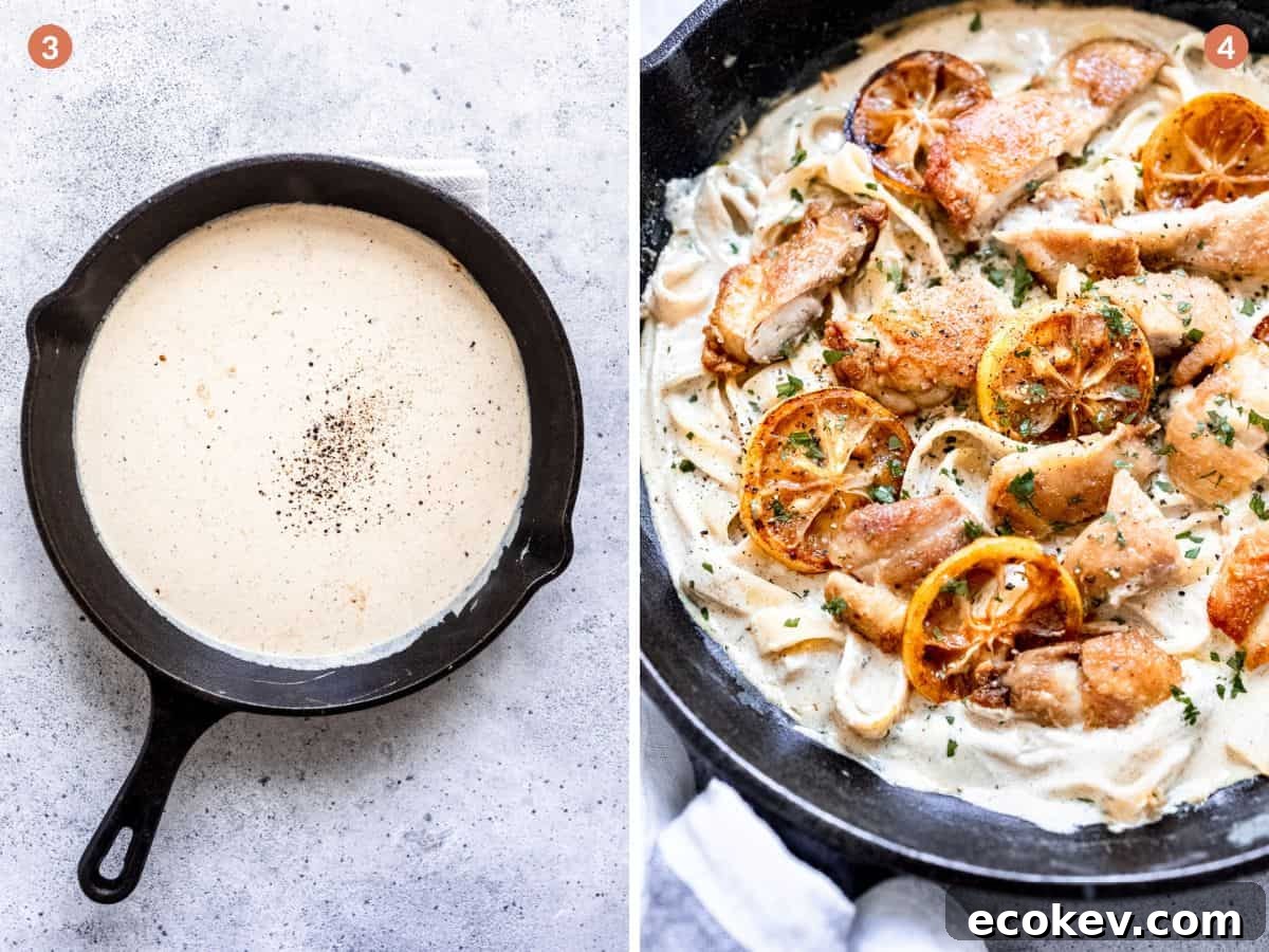 Lemon cream sauce in a pan with black pepper and chicken with parsley and basil.