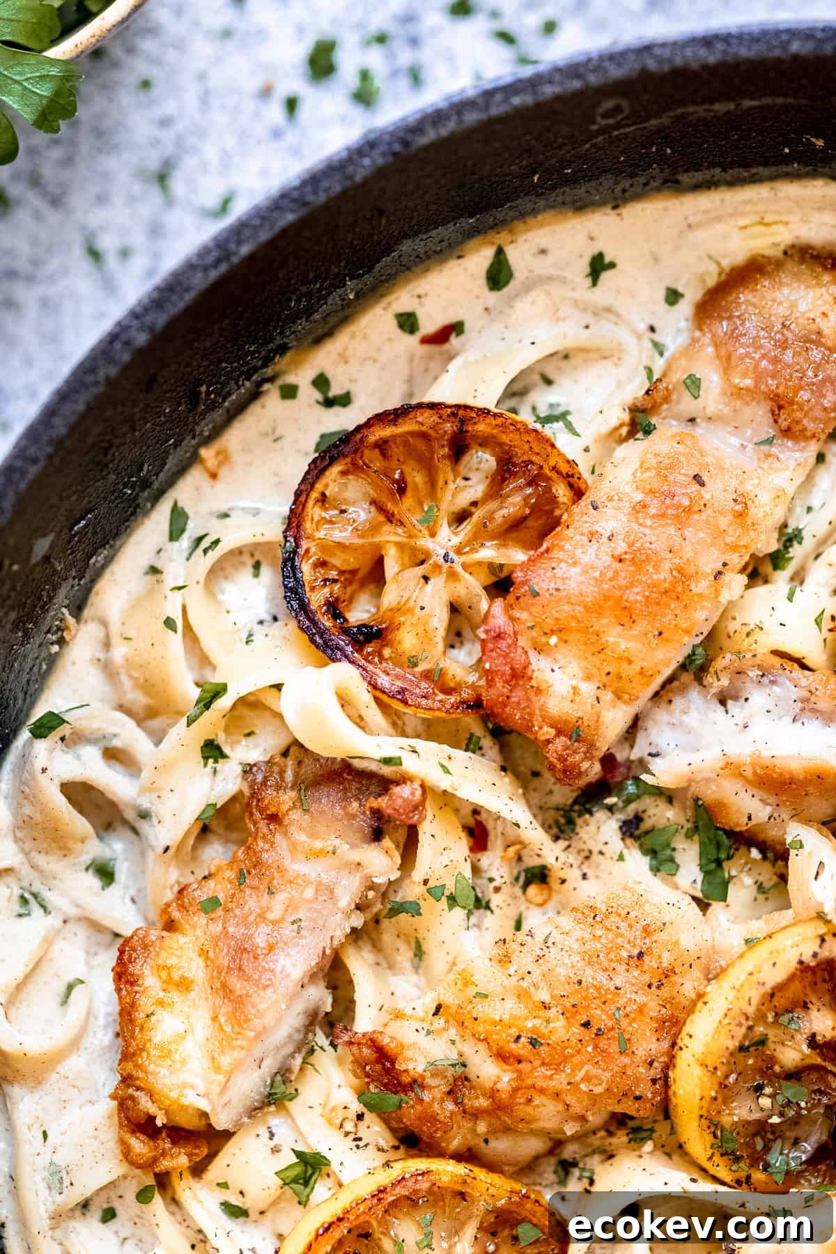 Close up of one-pot creamy lemon chicken pasta.