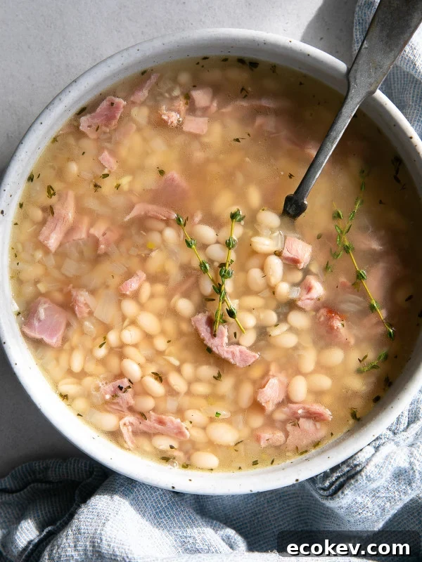 Overhead image of a white soup bowl filled with navy bean soup made with chunks of leftover ham.