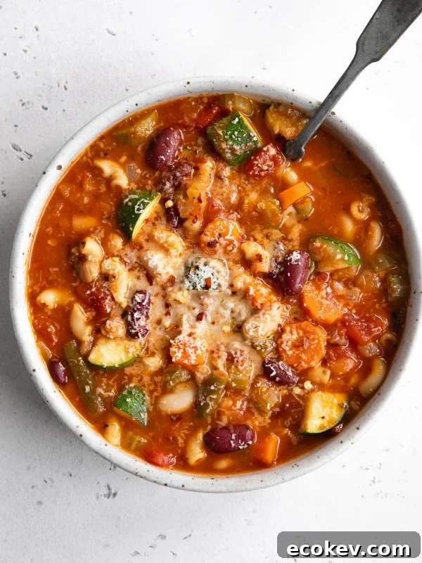 Overhead image of a round shallow bowl filled with minestrone soup garnished with grated parmesan cheese.