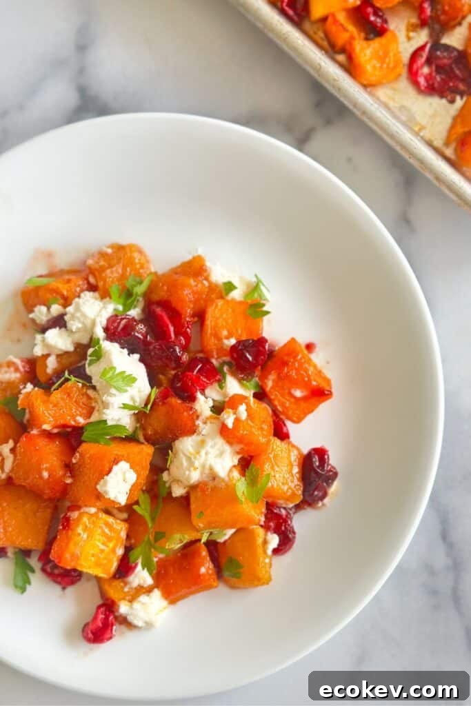 Plate of honey cinnamon roasted butternut squash with cranberries and goat cheese.