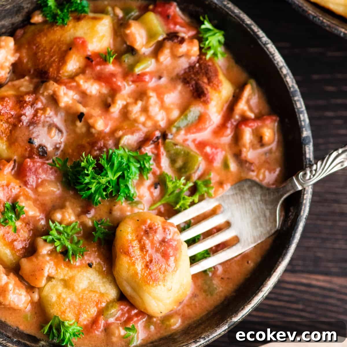 Overhead view of Cheesy Sausage Gnocchi recipe in a bowl garnished with fresh parsley with a piece of gnocchi on a fork