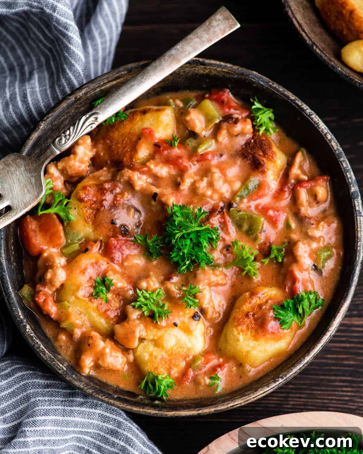 Overhead view of Cheesy Sausage Gnocchi recipe in a bowl garnished with fresh parsley