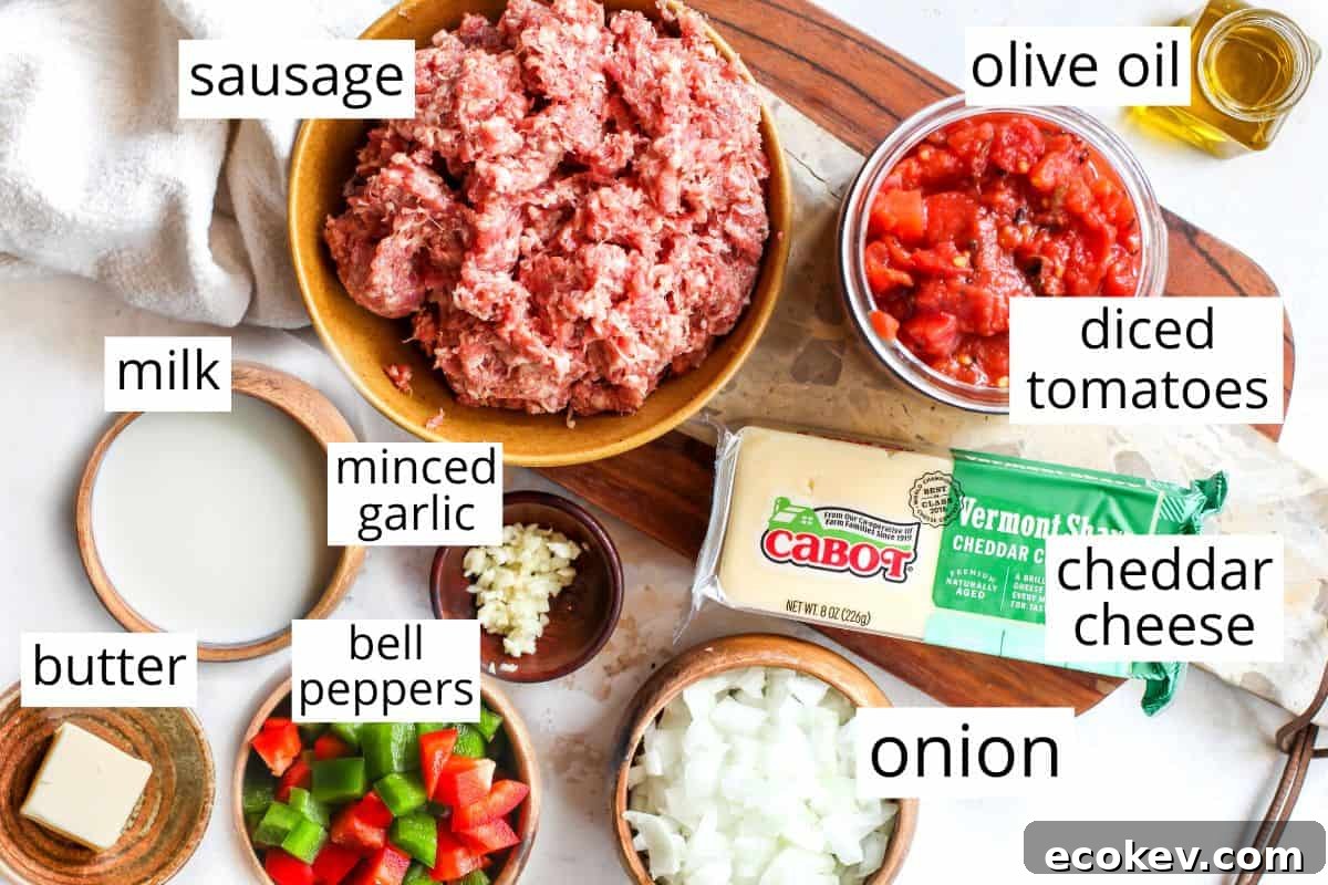overhead photo of the labeled ingredients in this Sausage Gnocchi recipe