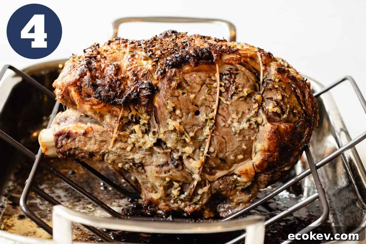 Cooked prime rib resting before slicing.