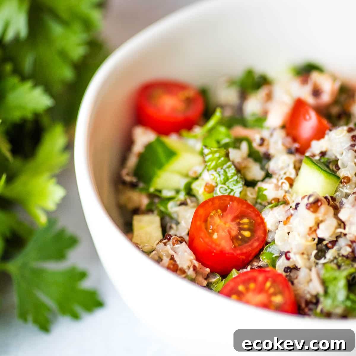 Salmon quinoa salad in a white bowl beside a bunch of parsley.