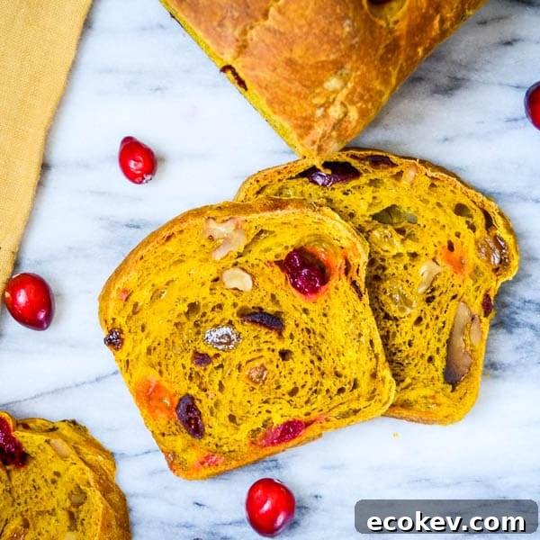 Sliced pumpkin cranberry bread.