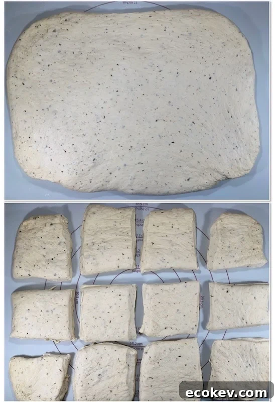 portioning out herb sourdough ciabatta roll dough