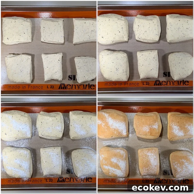 herb sourdough ciabatta rolls before and after baking