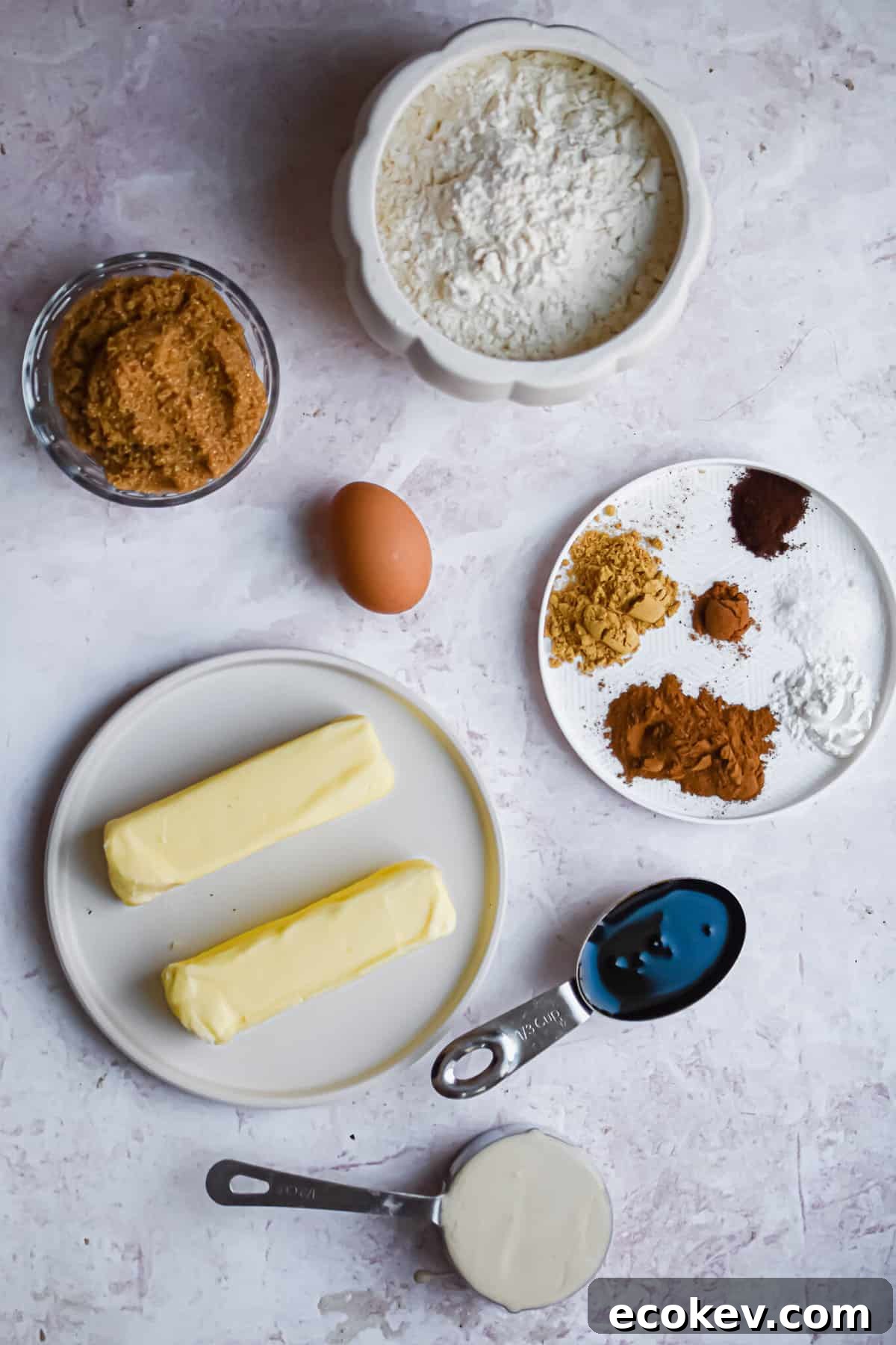 An overhead shot of the ingredients for sourdough gingerbread cookies.