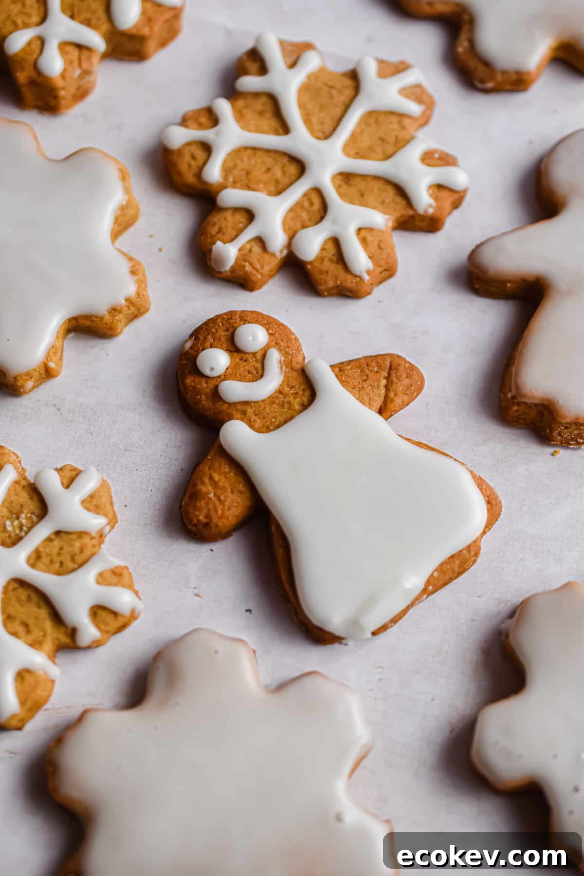 A gingerbread lady is decorated with lots of snowflakes around here.