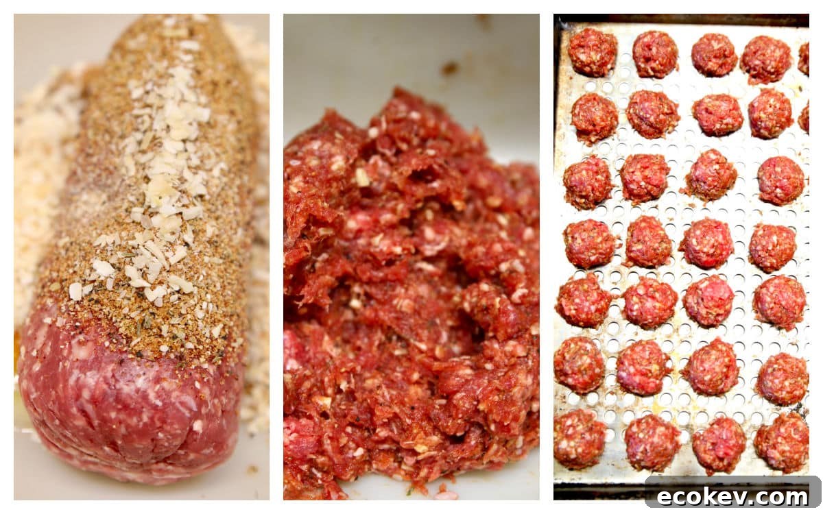 Collage mixing ground beef with seasonings for meatballs, on a grill pan.