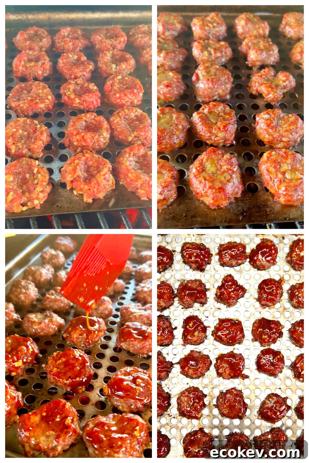 Collage: grilling mini burger patties, brushing on bbq sauce.