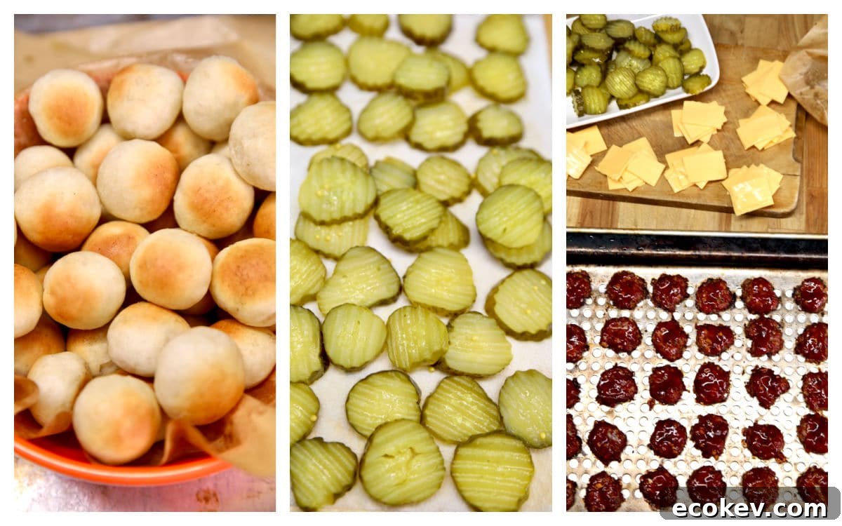 Collage: bread bites, sliced pickles, mini burger patties, cheese.