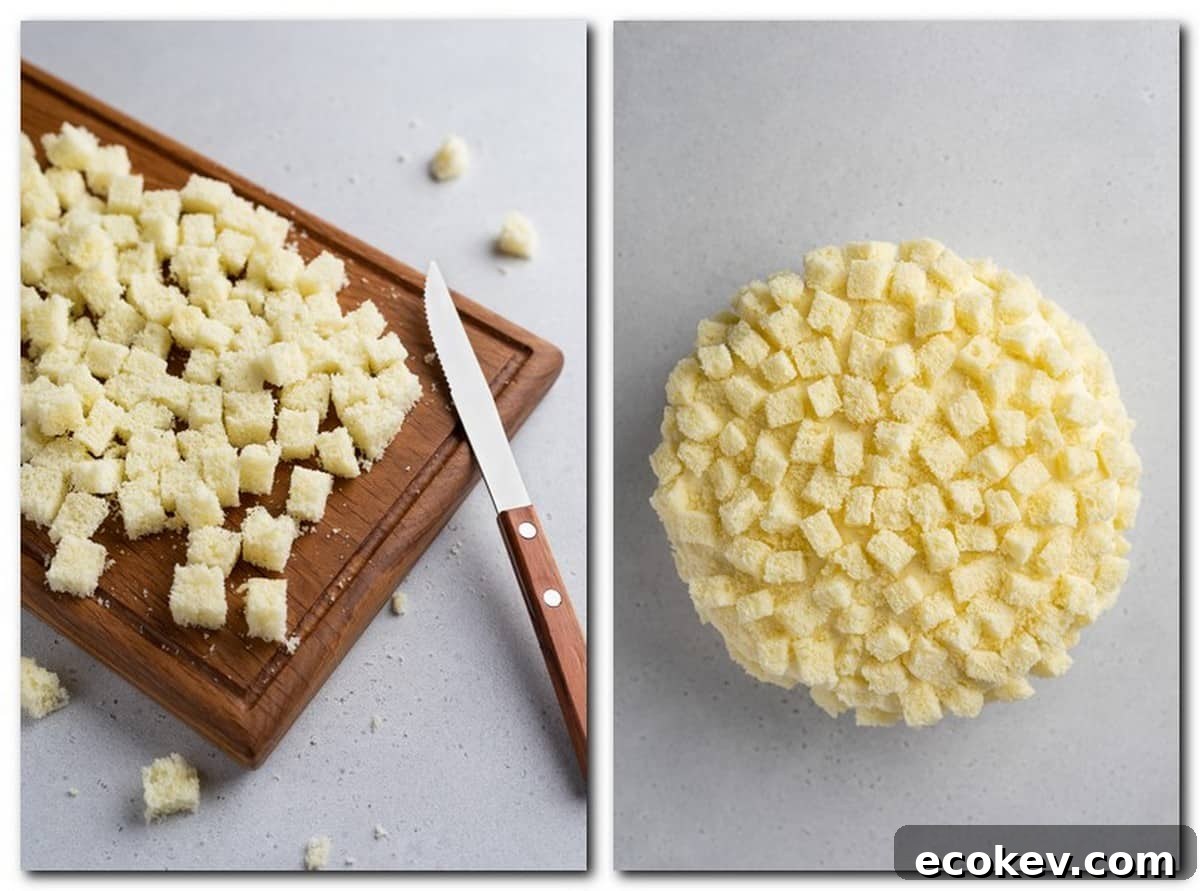 Photo 10: Sponge cake cubes on a cutting board Photo 11: Cake topped with sponge cubes 