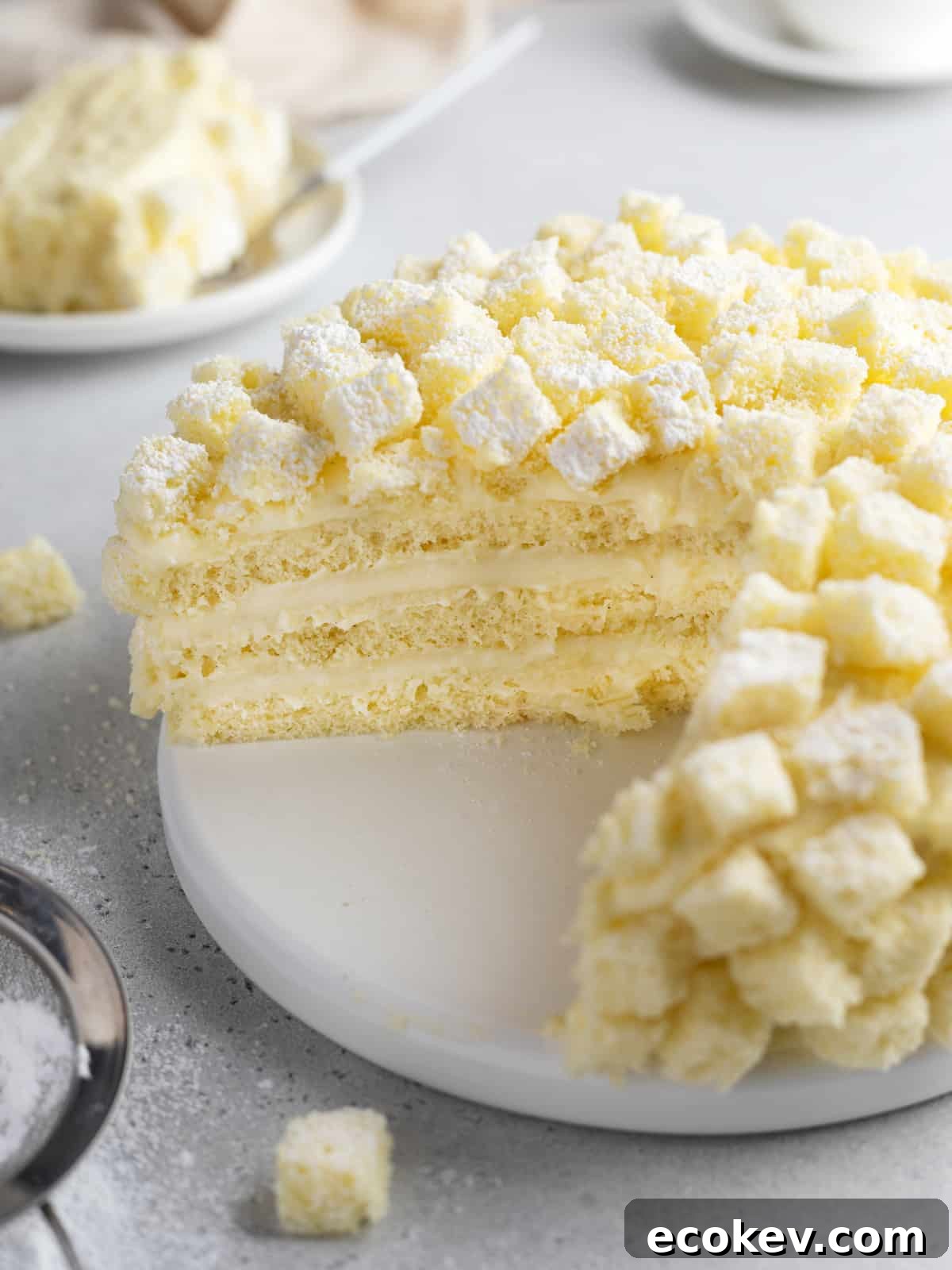 Sliced Mimosa cake on a white serving plate