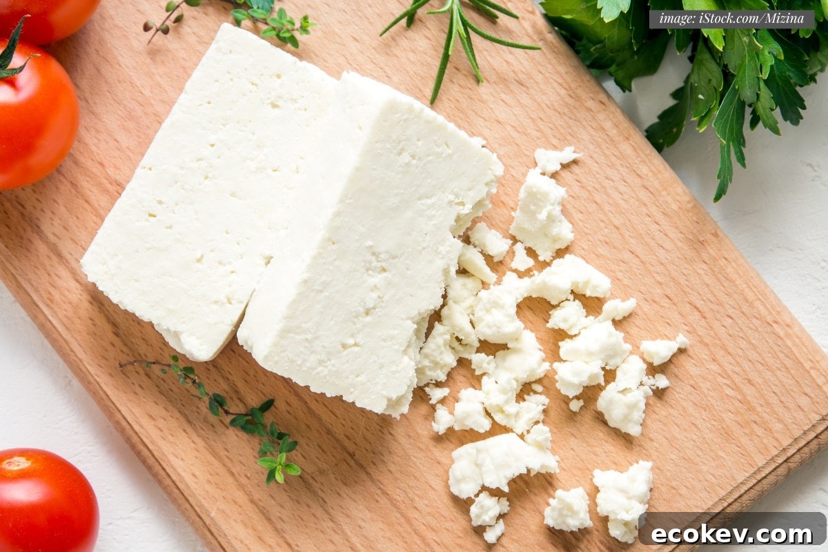 overhead photo of blocks and crumbles of feta on a wood board with tomatoes and herbs