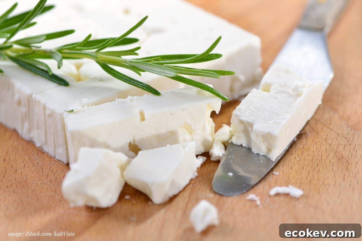 feta block on a wood board, partially crumbled with a cheese knife and sprig of rosemary
