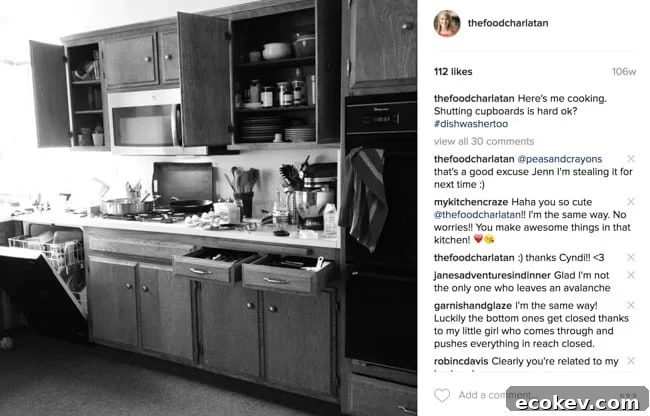 Kitchen photo with cabinet doors open.