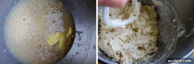 butter in proofing yeast in the bowl of a stand mixer, removing the dough hook from French bread dough.