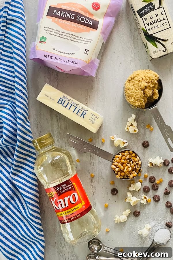 the ingredients for caramel corn - popcorn, brown sugar, butter
