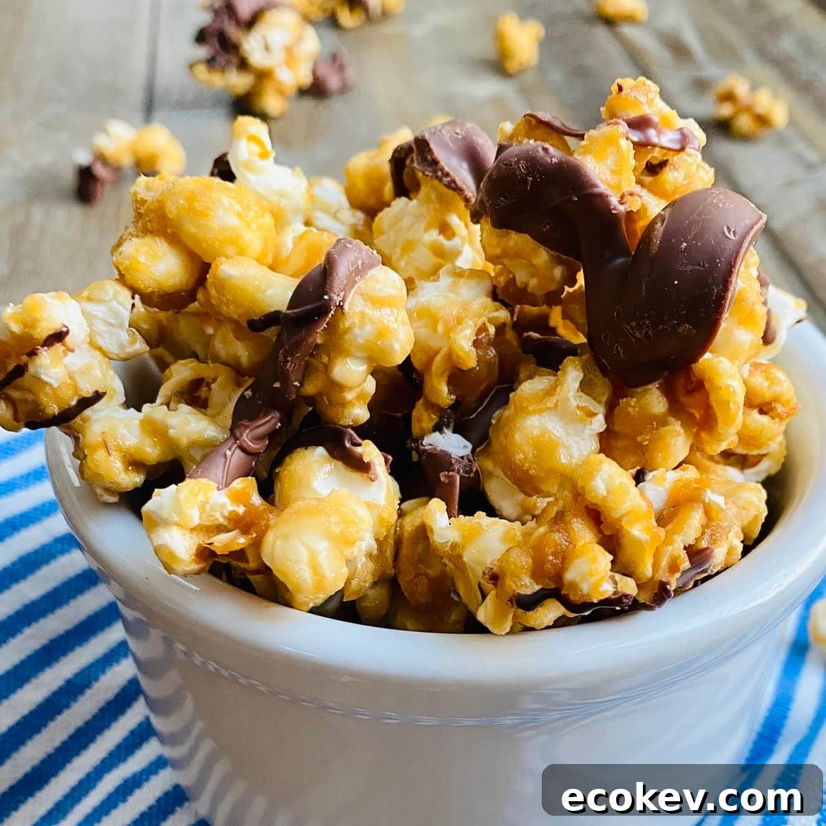 sugary popped corn with chocolate drizzle