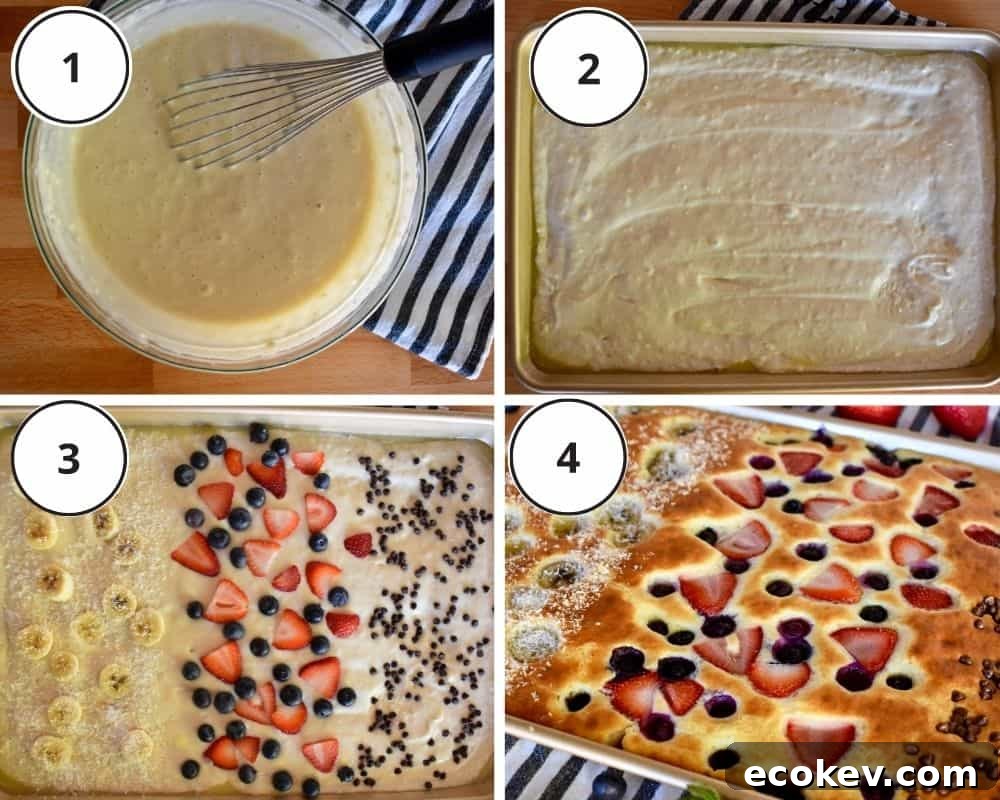 process shots showing how to make the recipe including stirring the batter in the bowl and adding toppings. 