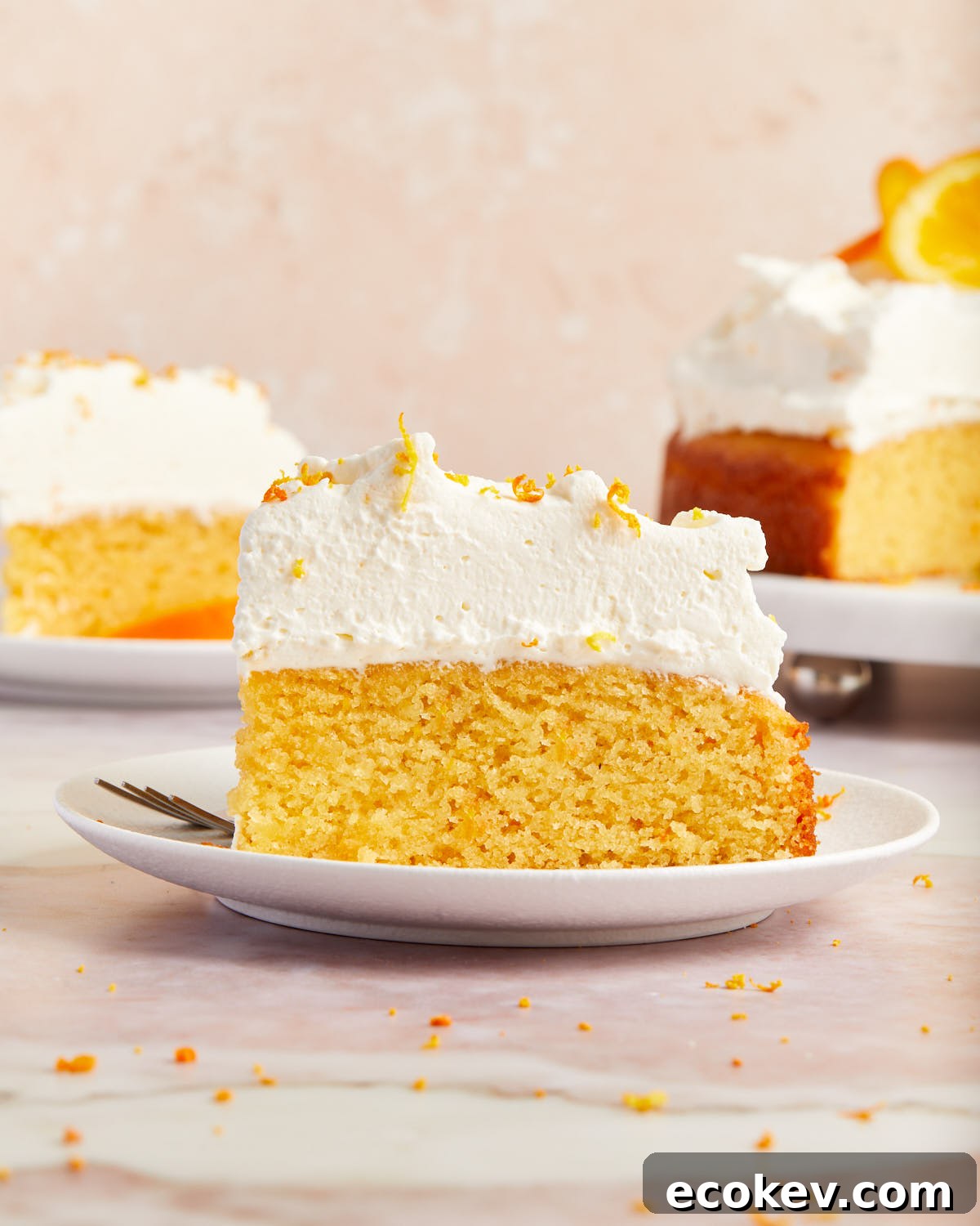 Side view of a piece of cake on a white plate and topped with whipped cream.