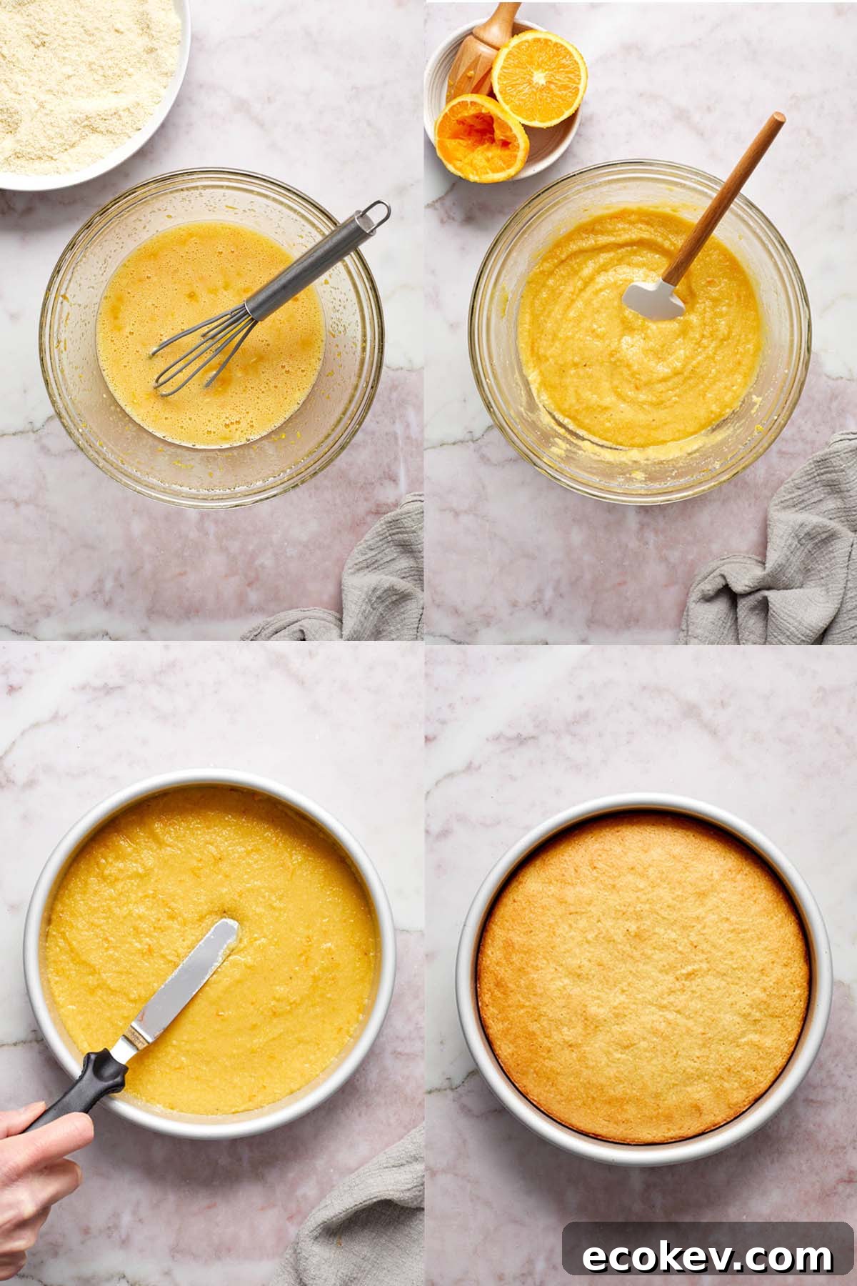 Collage of 4 images showing how the cake batter is made and baked in a round pan.