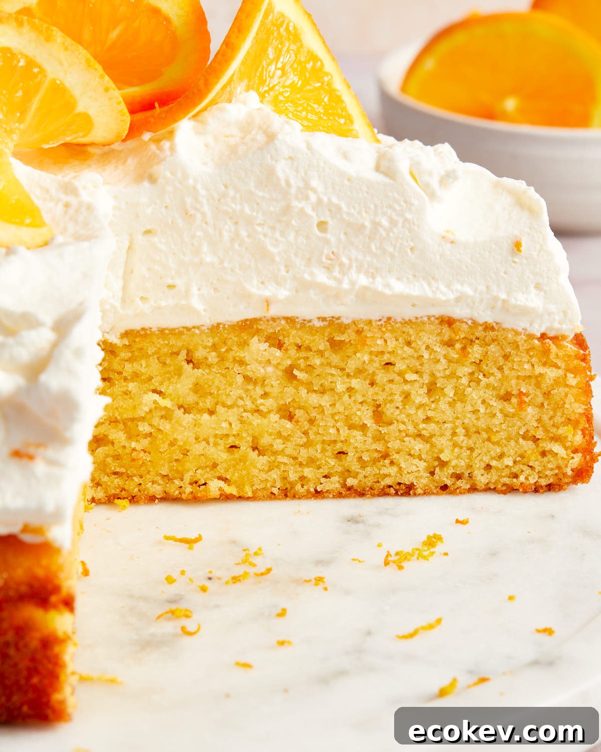 Close up view of the texture of the cake and whipped cream topping.