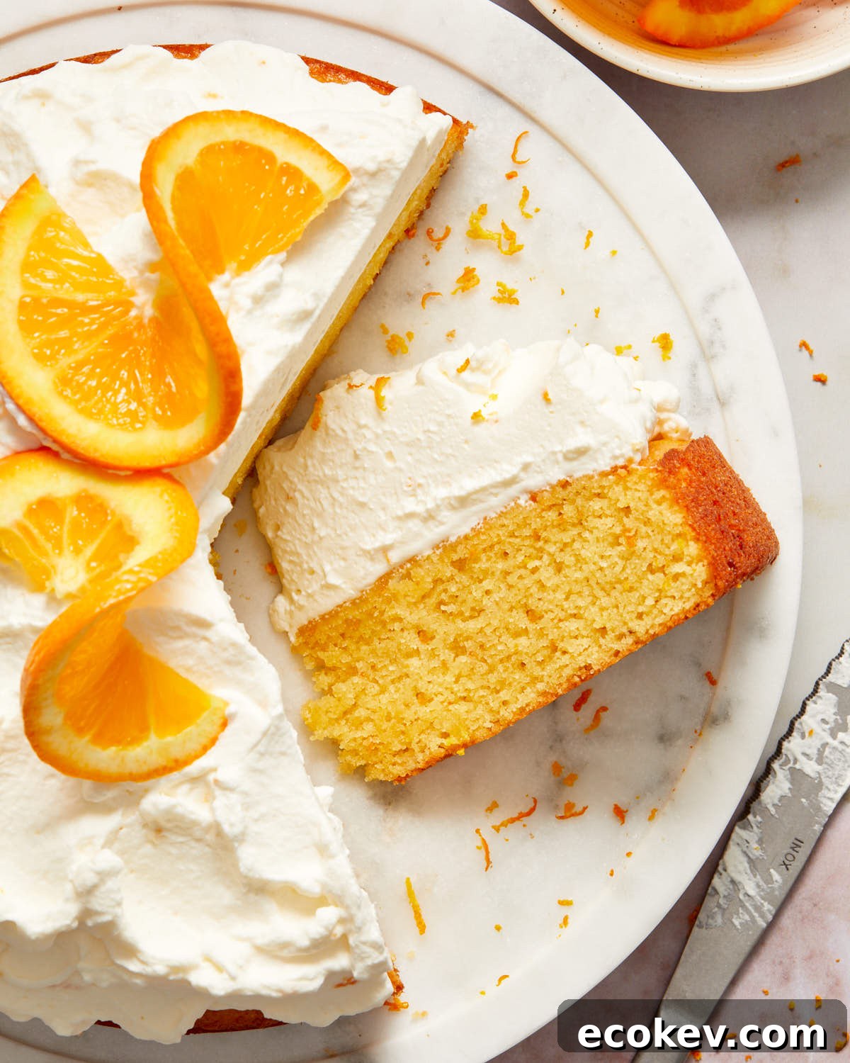 Overhead view of a slice of cake on its side.