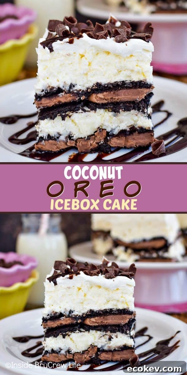 Coconut Oreo Icebox Cake - layers of chocolate Oreos and no bake coconut cheesecake gives this icebox cake a delicious and pretty flair! Try this easy recipe for summer picnics and parties! #iceboxcake #coconut #Oreo #nobake